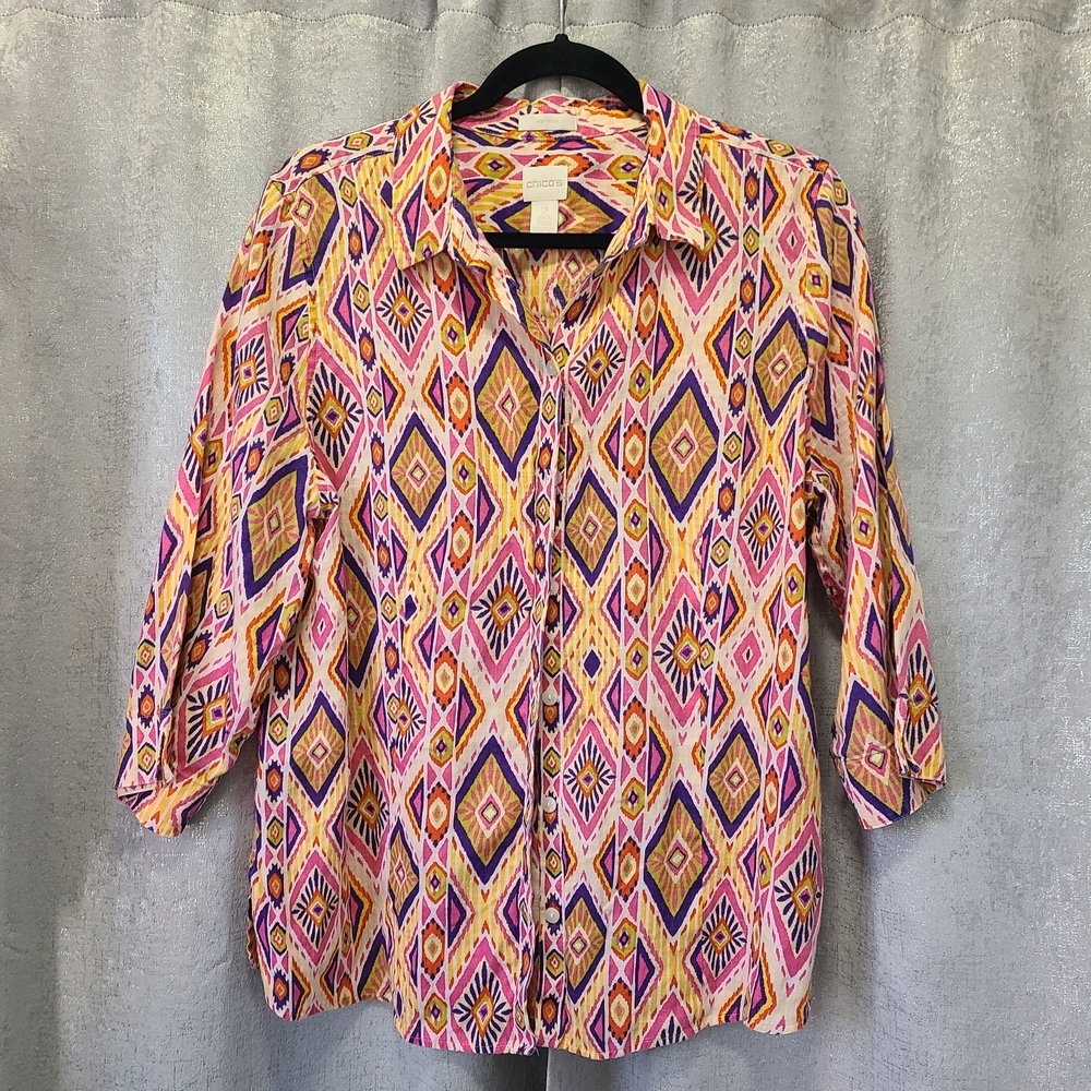 Chico's Multicolor Geometric Button Down Shirt 2 Large